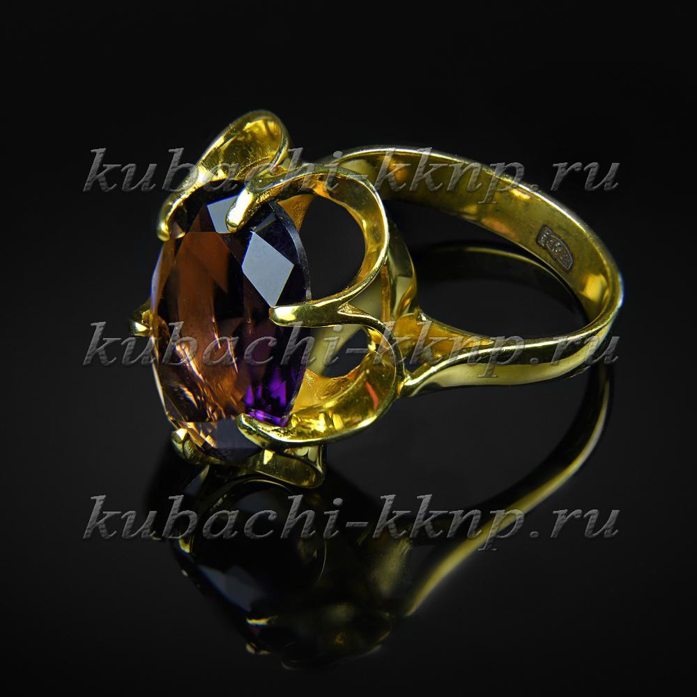 Серебряное кольцо Кубачи с большим фиолетово-коричневым фианитом позолота, к215 фото 1