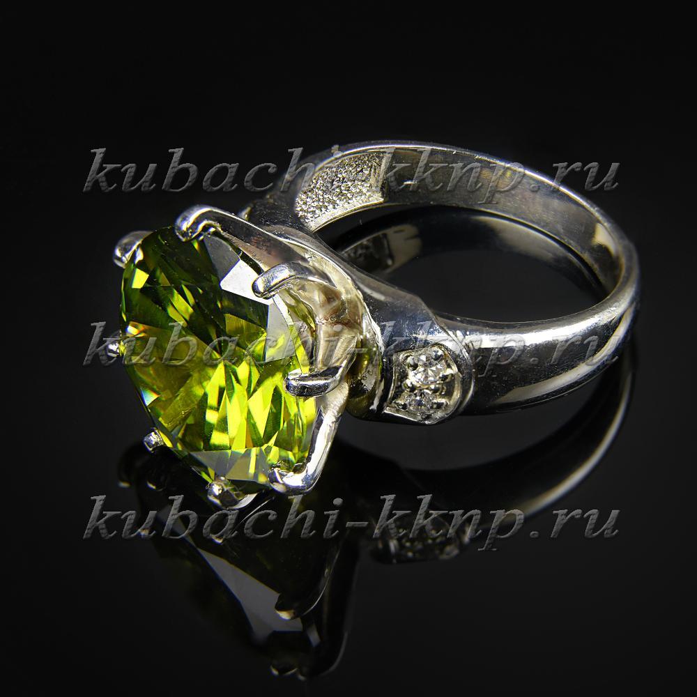 Серебряное кольцо с большим зеленым фианитом Классика, к200 фото 1