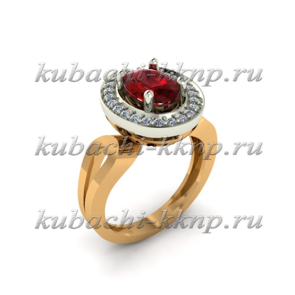 Круглое золотое кольцо  с фианитами и искусственным гранатом, 10008r фото 1