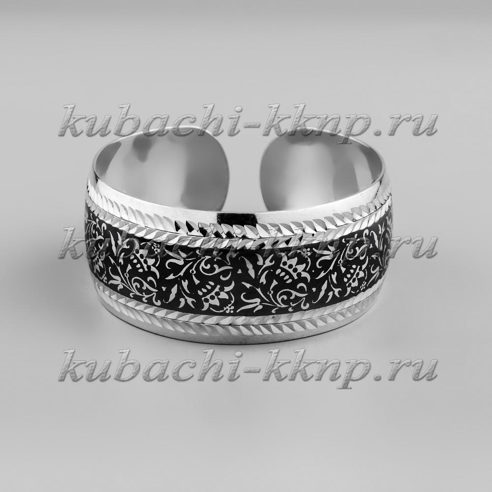 Жесткий серебряный браслет с капельками черни на женскую руку, БР66 фото 1