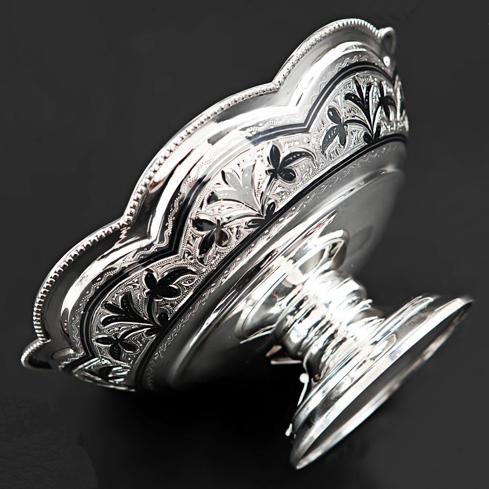 Серебряная конфетница на низкой ножке с кубачинским рисунком, кф00024 фото 1