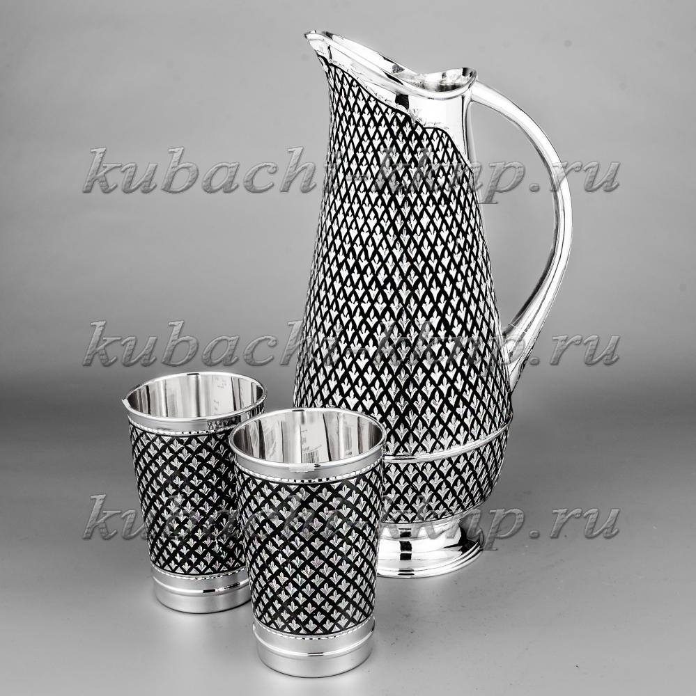 Серебряный набор с капельным чернением для воды с двумя стаканами, 1600 мл и 290 мл, ндв017 фото 1
