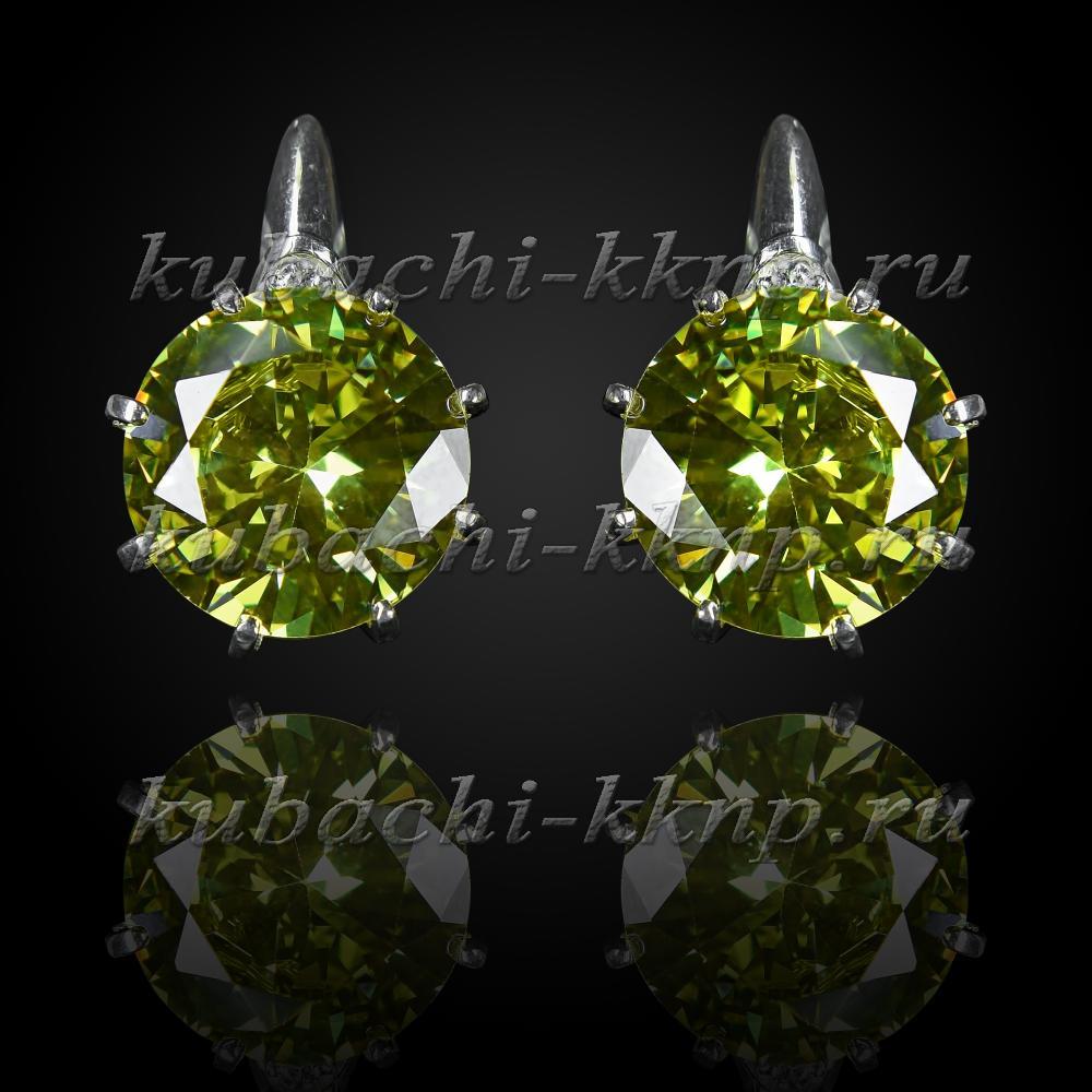 Серьги Кубачи с большим светло зеленым фианитом серебро, с204з фото 1