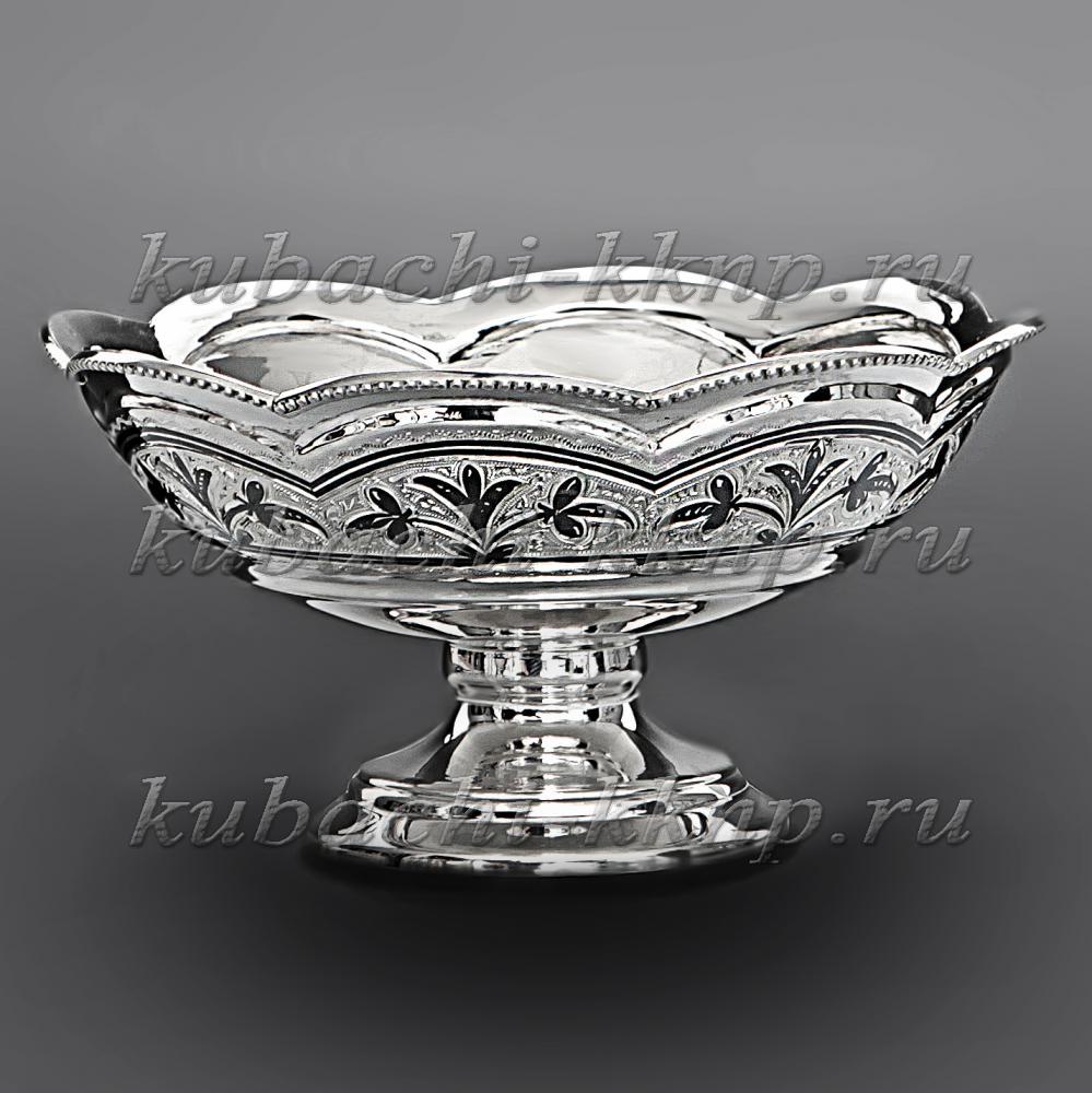 Серебряная конфетница на низкой ножке с кубачинским рисунком, кф00024 фото 2
