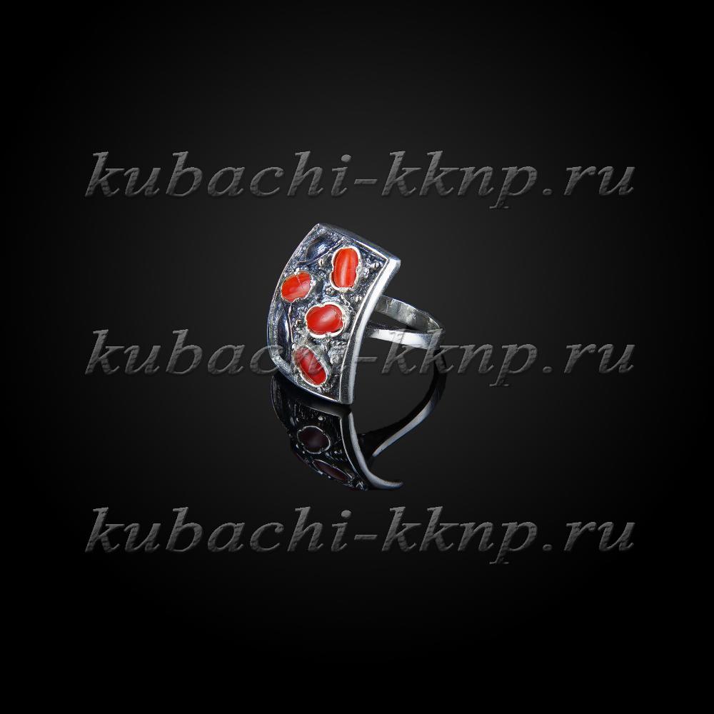 Серебряное кольцо Кубачи с кораллом, к814 фото 1