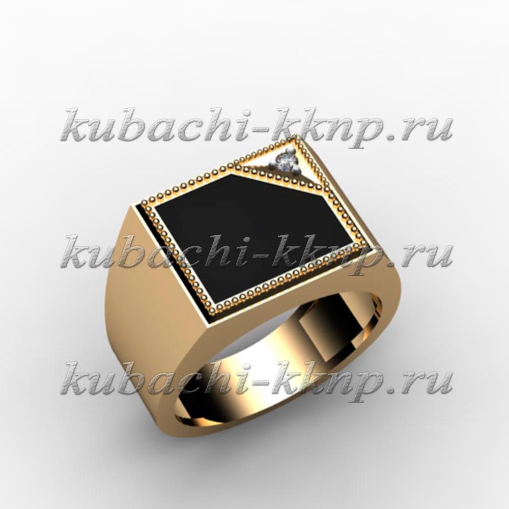 Мужское строгое золотое кольцо с агатом и фианитом, 00045r фото 1