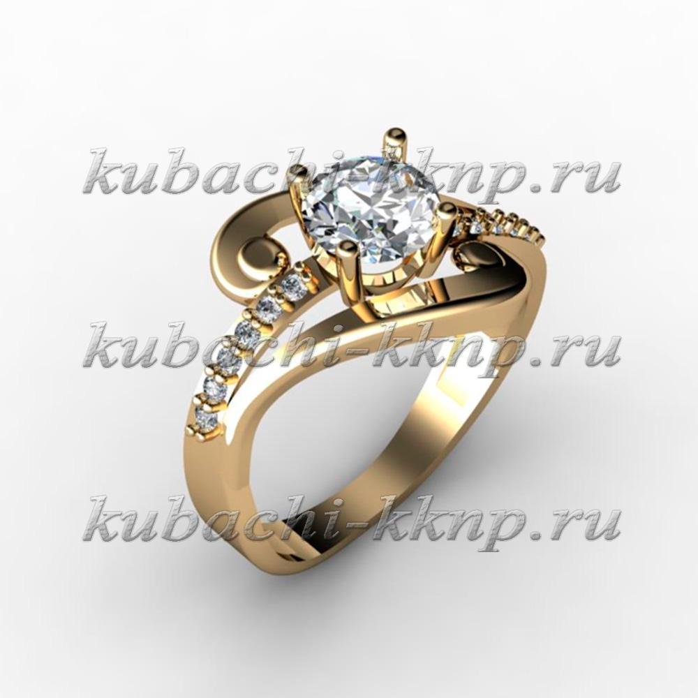 Фантазийное золотое кольцо  с крупным фианитом, 00030r фото 1