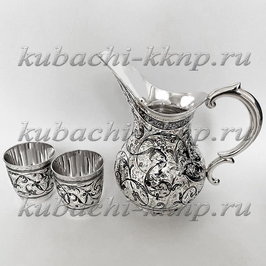 Оригинальный серебряный набор для воды с двумя стаканами, 1,6 л и 0,21 л, ндв051 фото 1