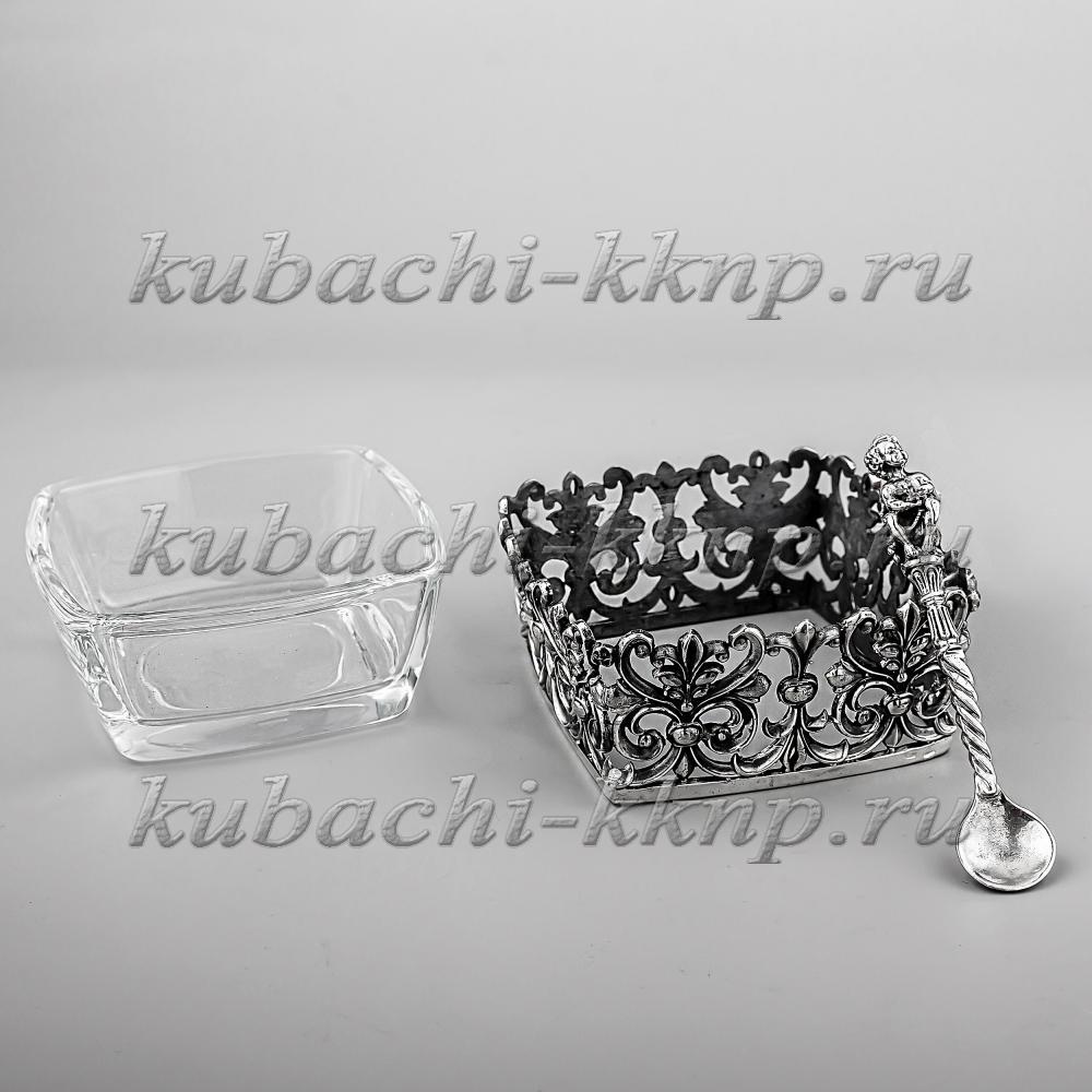 Серебряная солонка/перечница с стеклянной вставкой и ложкой ангелочек, с041 фото 2