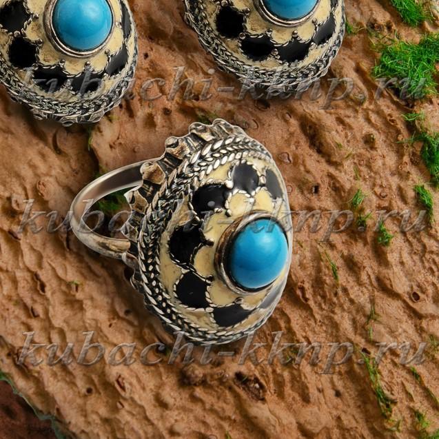 Серебряное кольцо в этническом стиле с искусственной бирюзой и эмалью, Ag-к92 фото 1