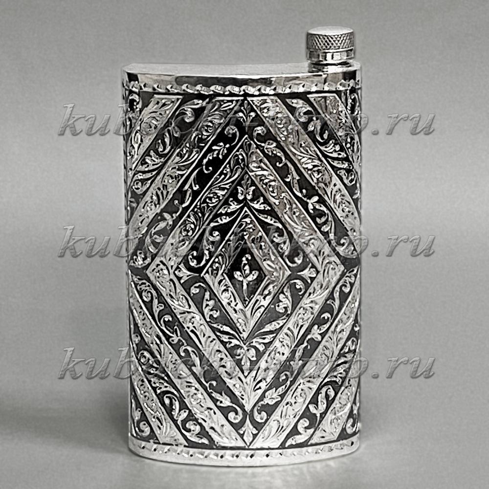 Серебряная фляга с черненым орнаментом и гравировкой , 335мл, фл090 фото 1