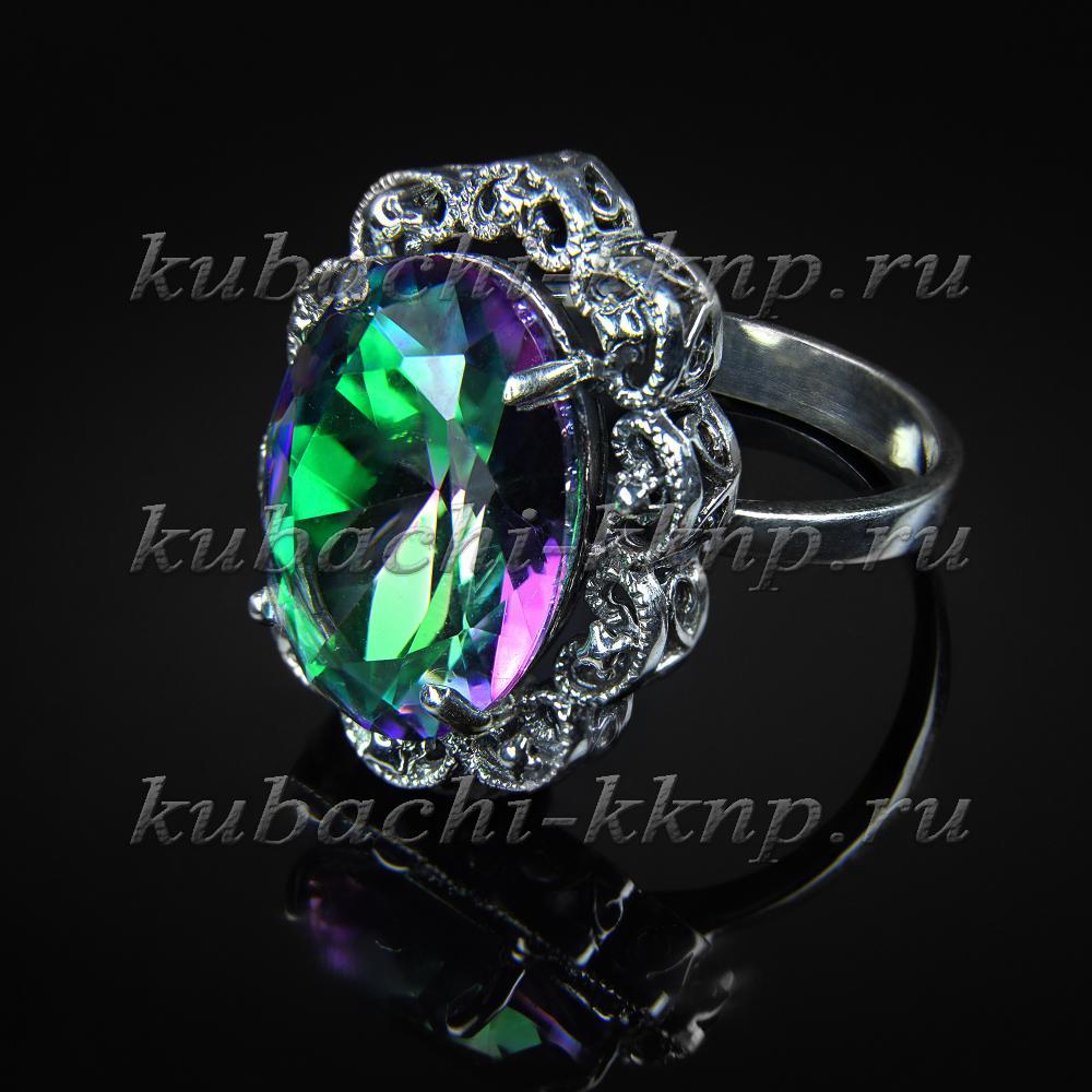 Серебряное кольцо кубачи с многоцветным фианитом в фантазийной оправе, к229 фото 1