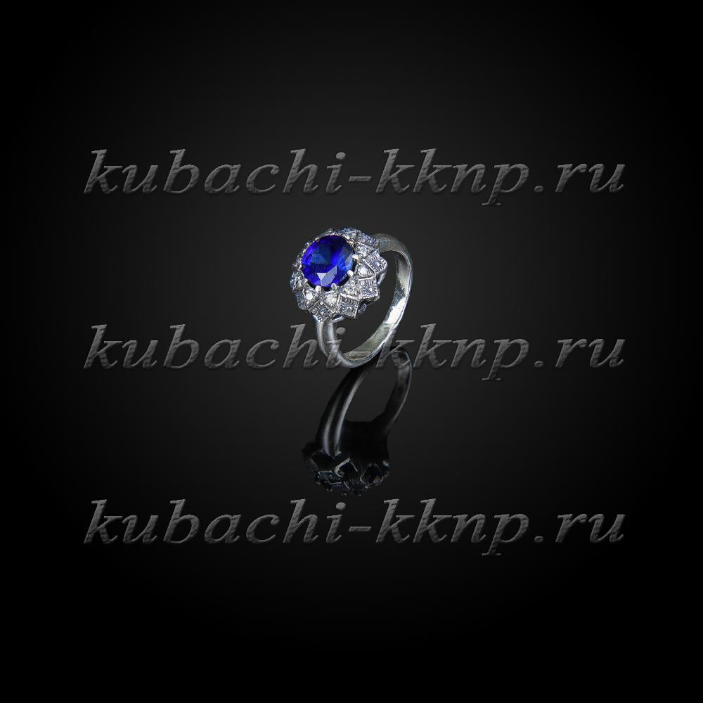 Серебряное кольцо Кубачи с фианитами под сапфир, к813 фото 1