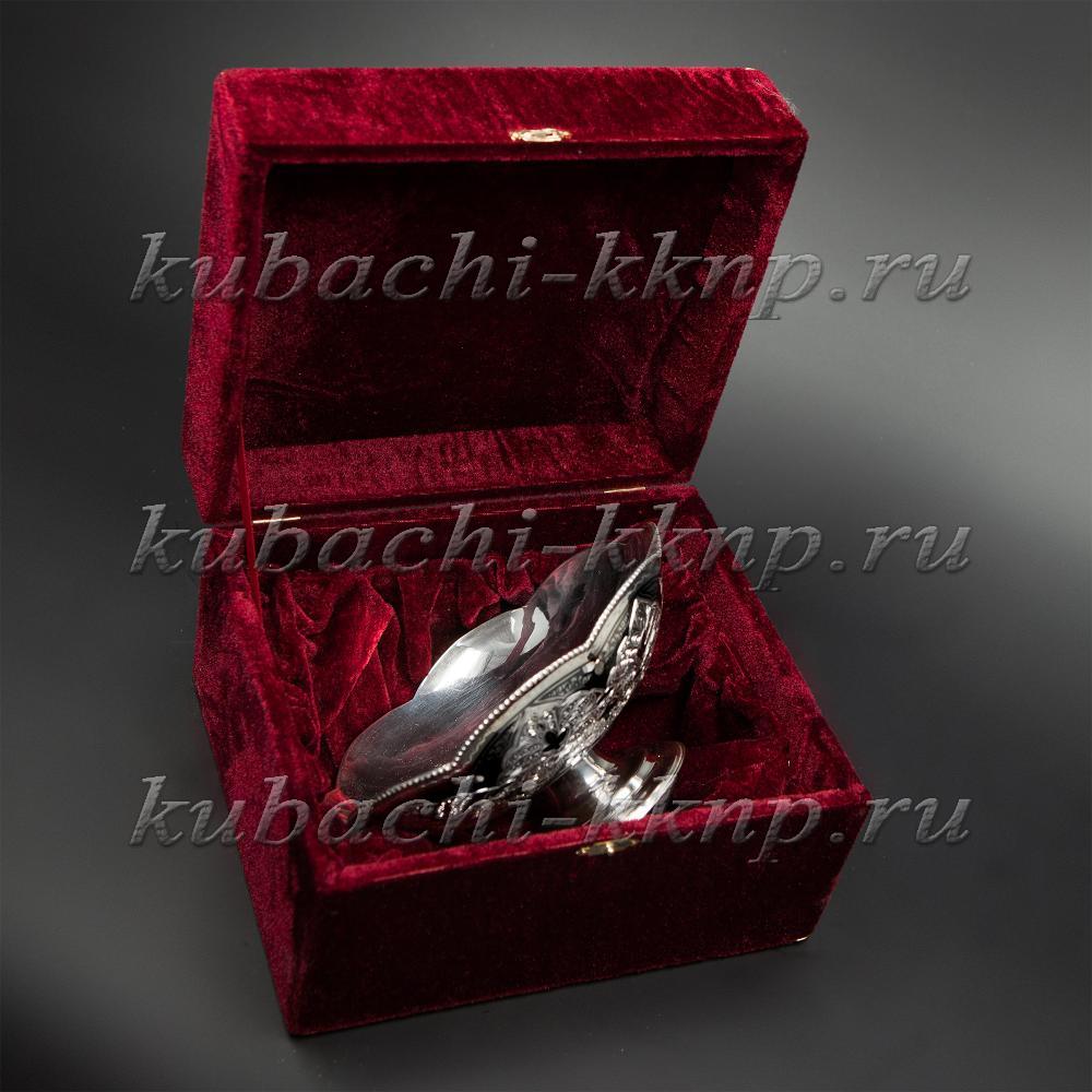 Серебряная конфетница на низкой ножке с кубачинским рисунком, кф00024 фото 3