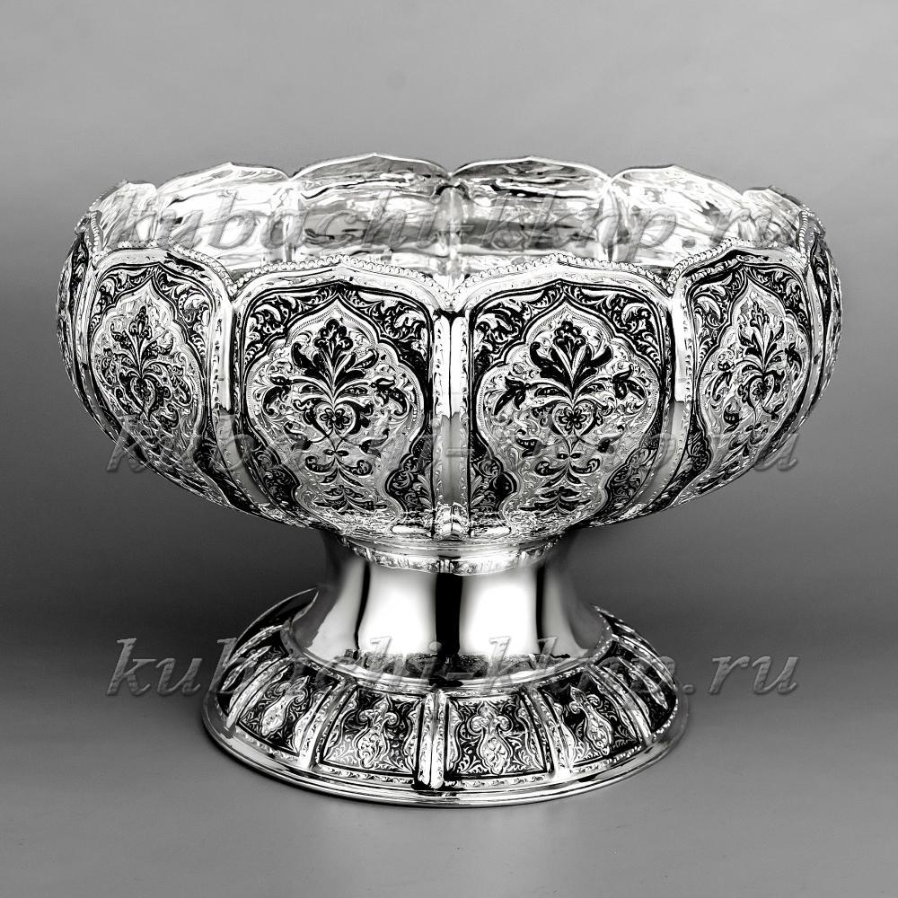 Серебряная ваза для фруктов с гравировкой и чеканкой, вз025 фото 1