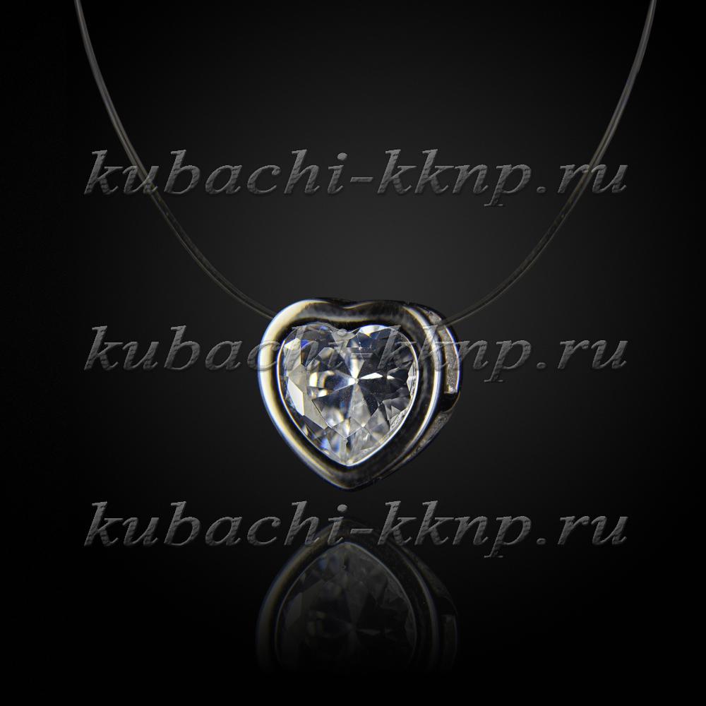 Серебряное колье-невидимка на леске Сердечко, подв239 фото 1