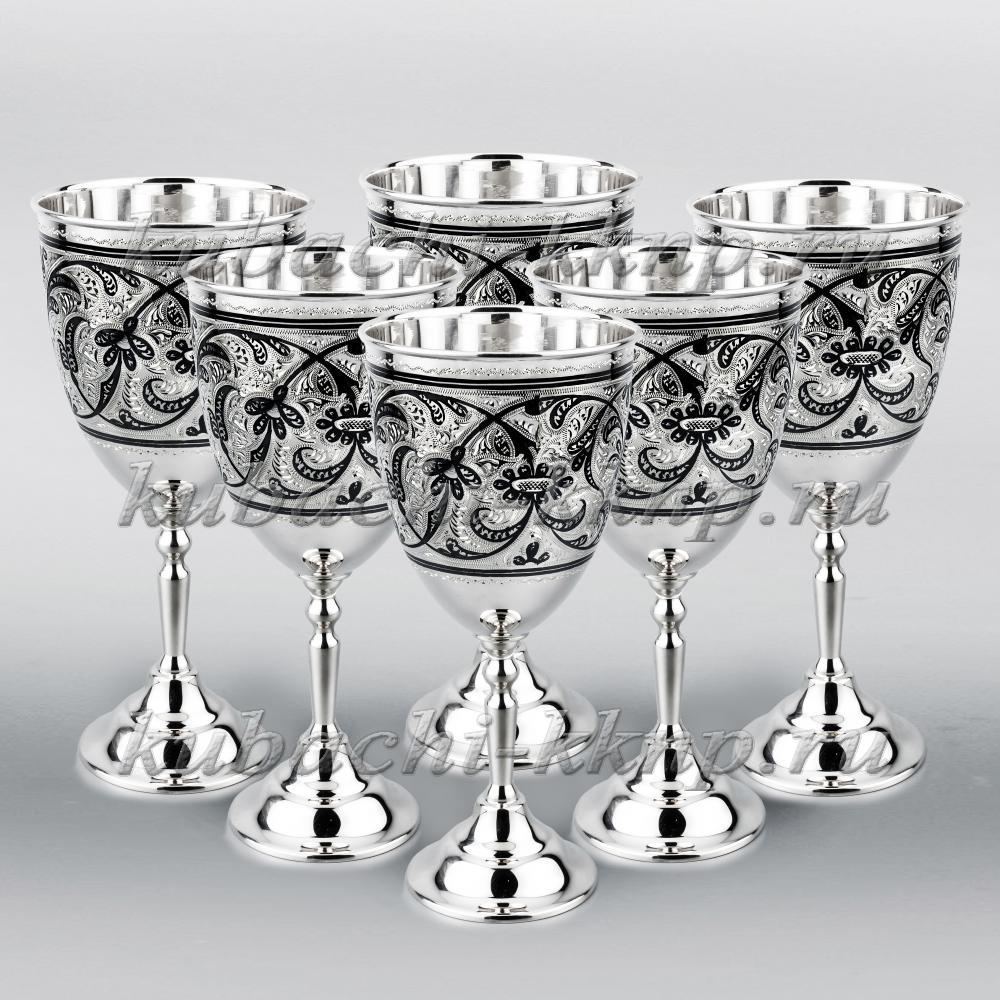 Набор из шести серебряных  фужеров для вина с чернением, ф0014-6 фото 2