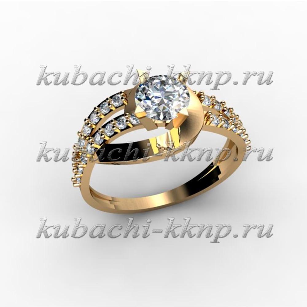Золотое кольцо с фианитами (лимонное золото), 00037r фото 1