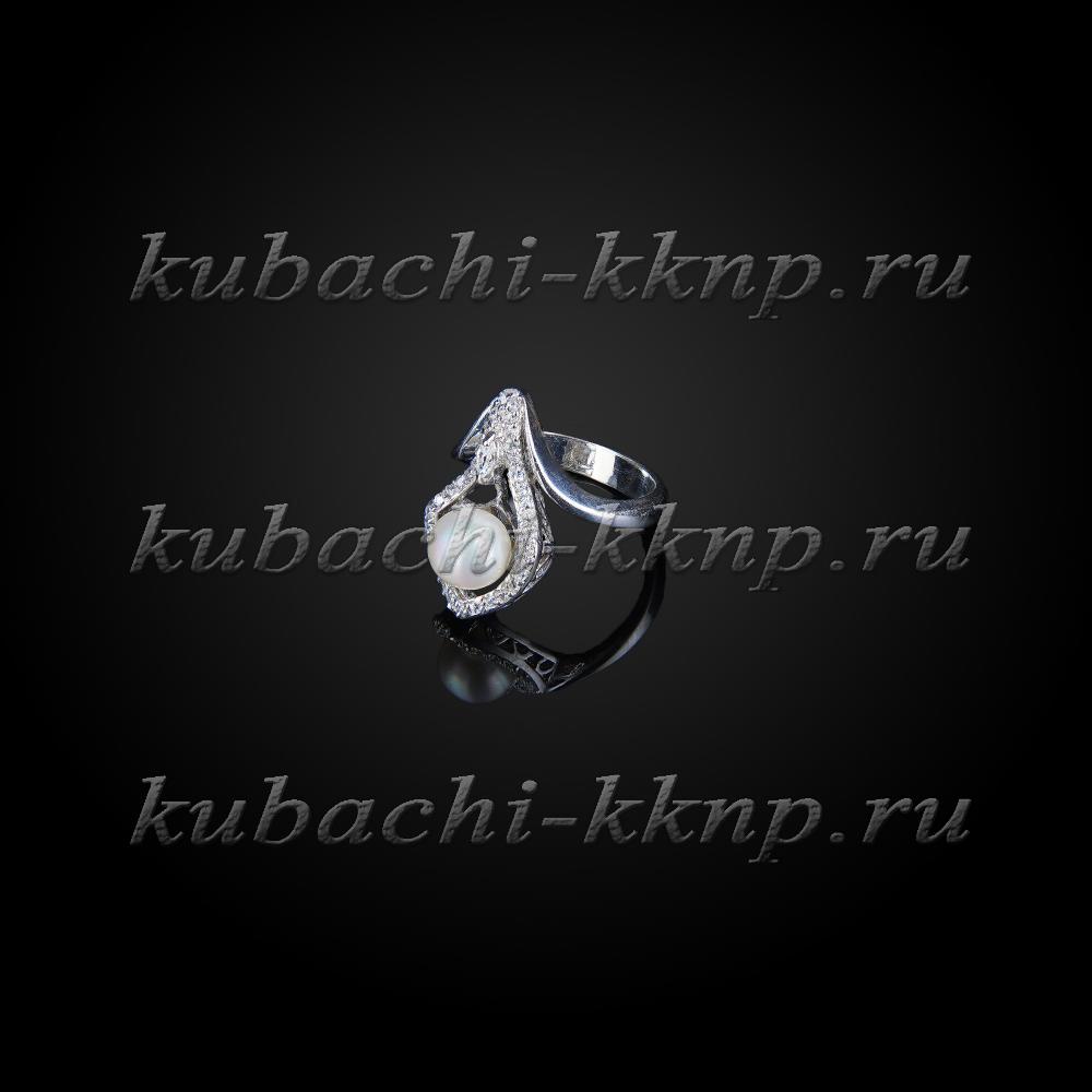 Серебряное кольцо Кубачи с фианитами и искусственным жемчугом, к816 фото 1
