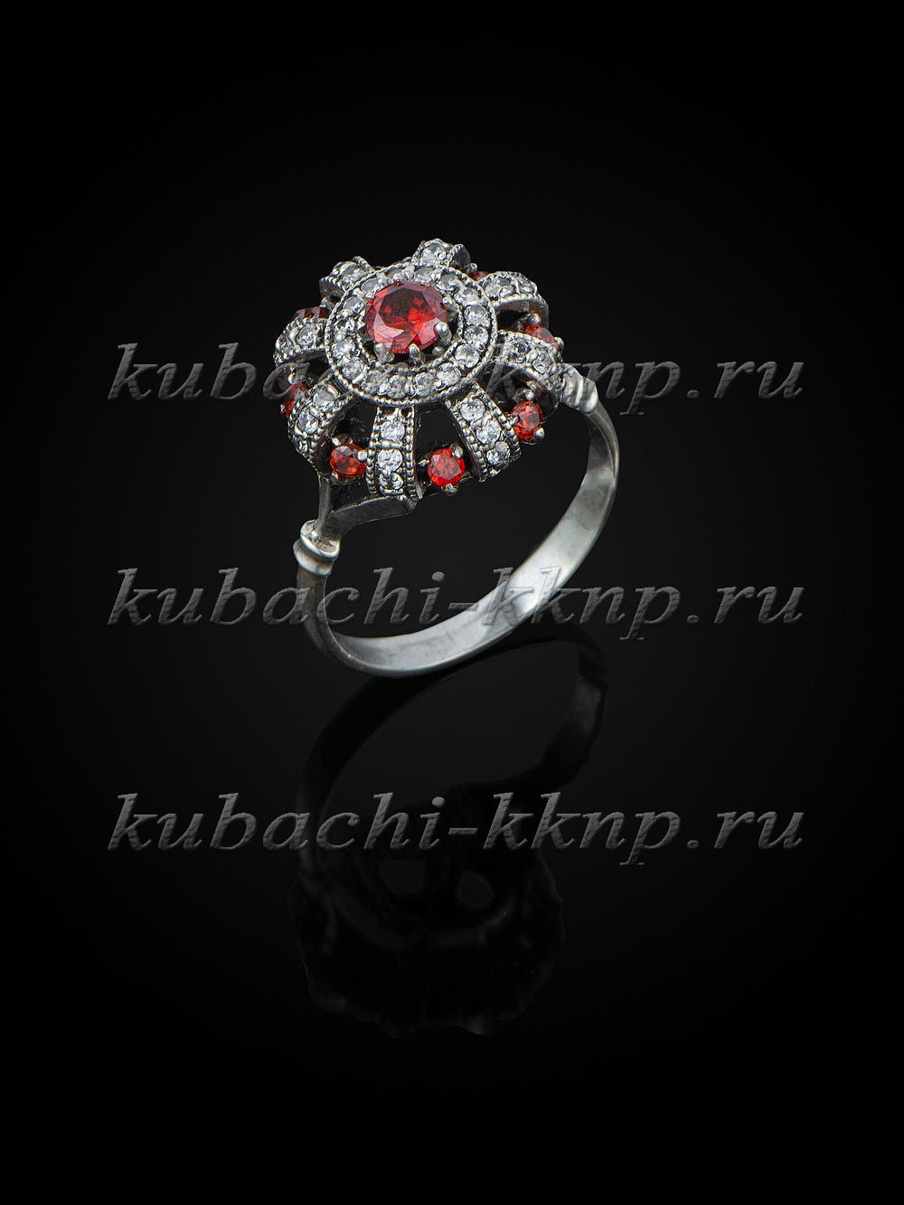 Серебряное кольцо Королева с фианитами цвета гранат, к325 фото 1