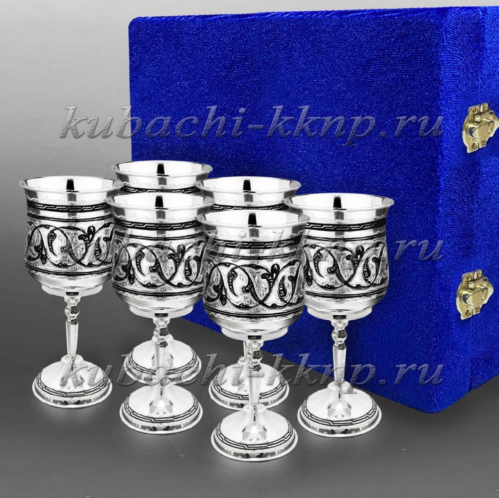Набор из шести серебряных бокалов на ножке с орнаментом Кубачи, бк062-6 фото 1