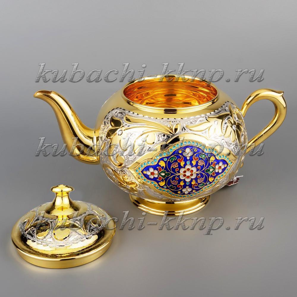 Заварочный серебряный чайник с позолотой и эмалью, ЧН055 фото 2