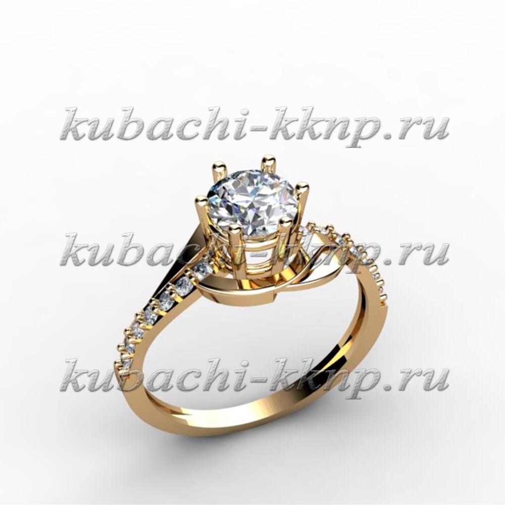 Яркое золотое кольцо с крупным фианитомольцо, 00038r фото 1