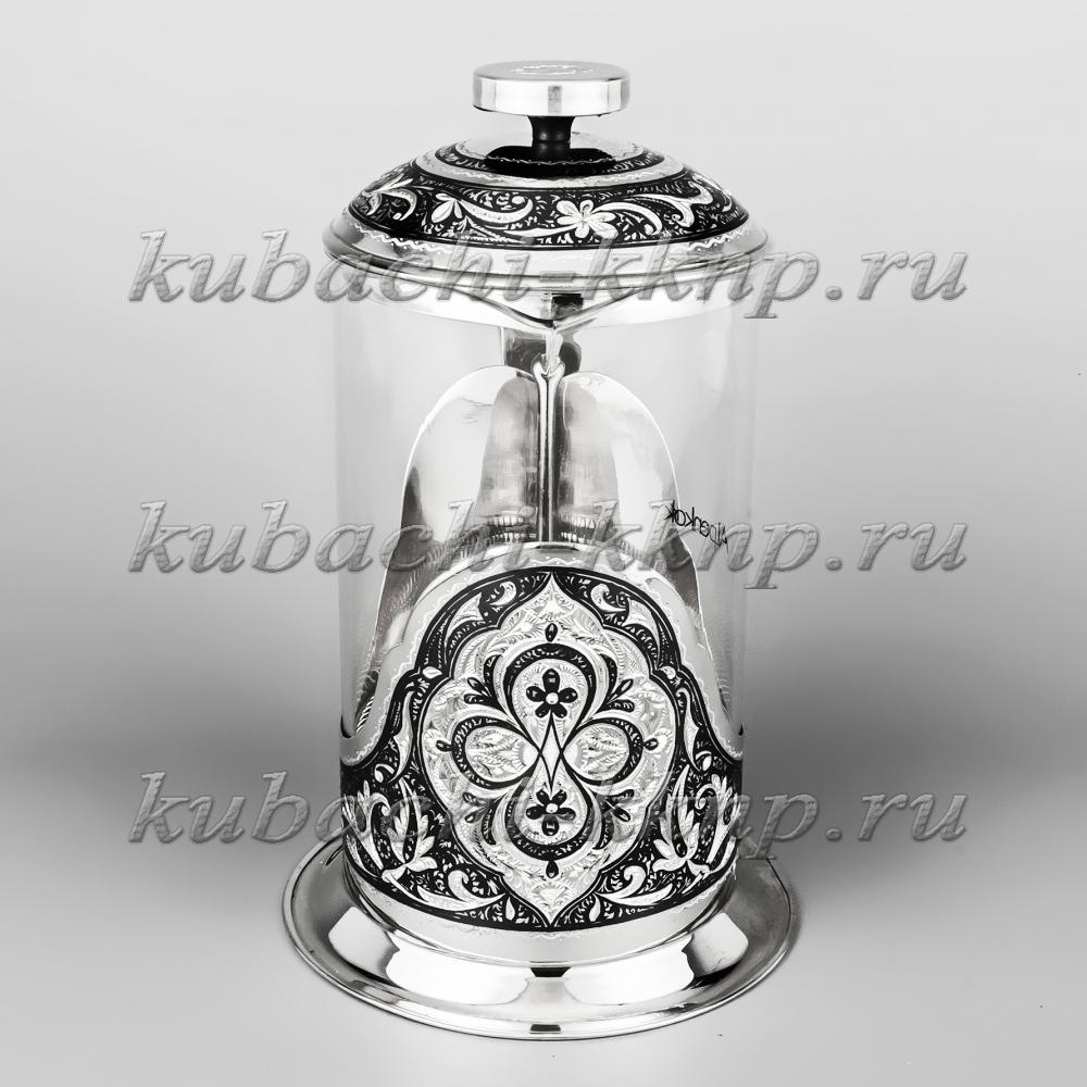 Чайник серебряный со стеклом френч пресс, чн017 фото 2