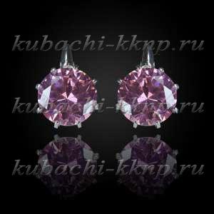 Серьги Кубачи с большим розовым фианитом серебро - с206