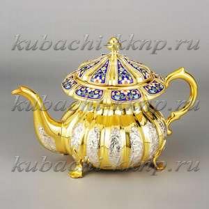 Серебряный чайник с позолотой  эмалью «Финифть» - чн039