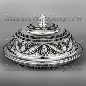 Серебряная масленка кругла с кубачинским орнаментом - мс01