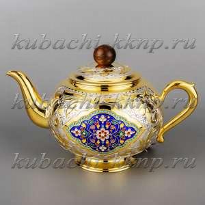 Серебряный чайник с позолотой и эмалью «Финифть» - чн029