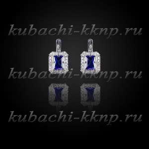 Серебряные серьги кубачи с фианитами под сапфир - с810