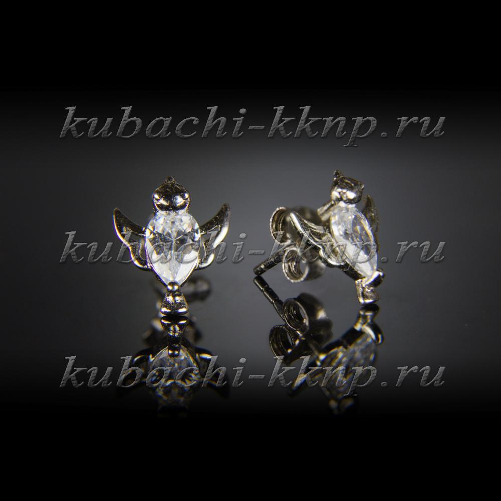 Серебряные пусеты с фианитом Птичка, с283 фото 1