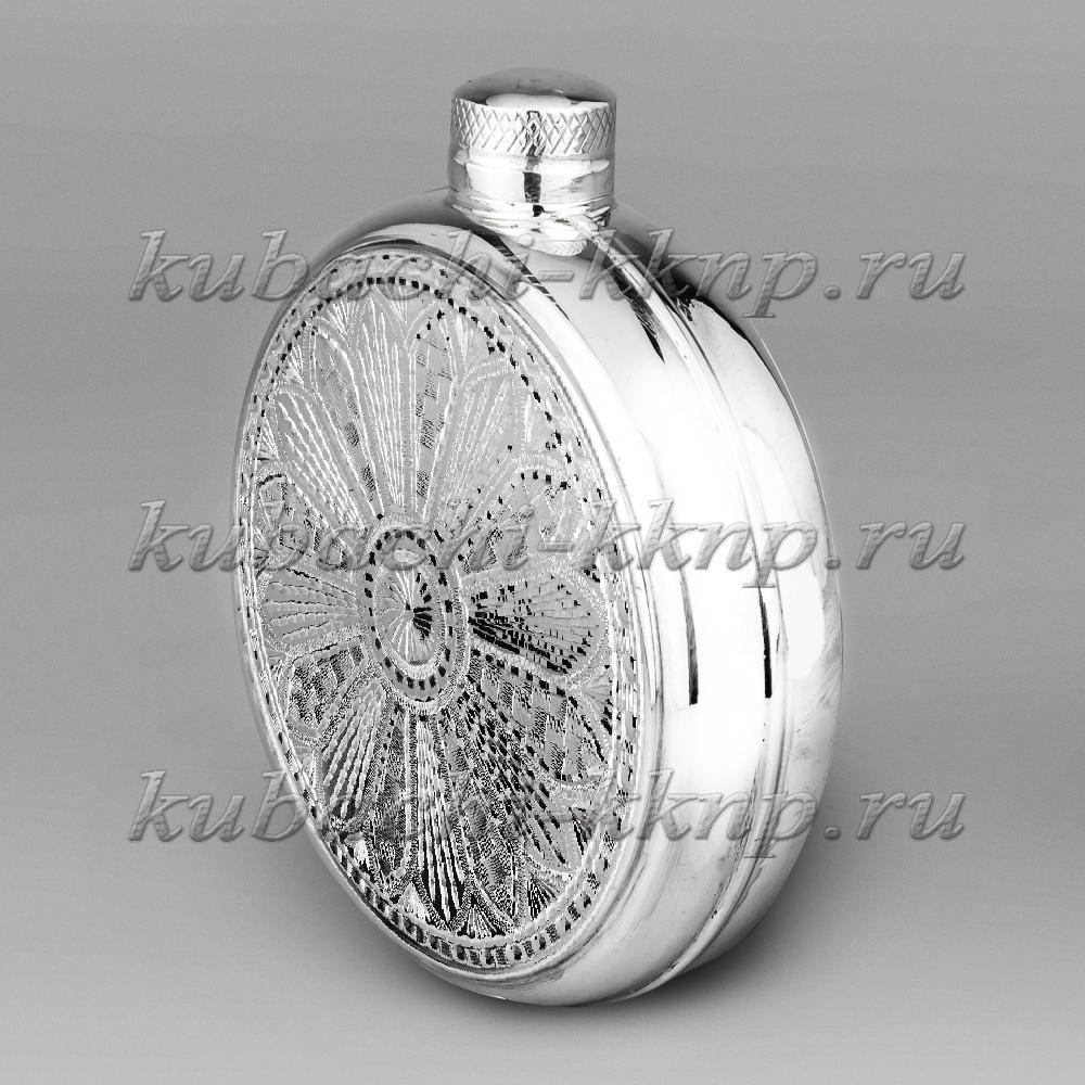 Круглая серебряная фляга с красивым орнаментом, ФЛ127 фото 2