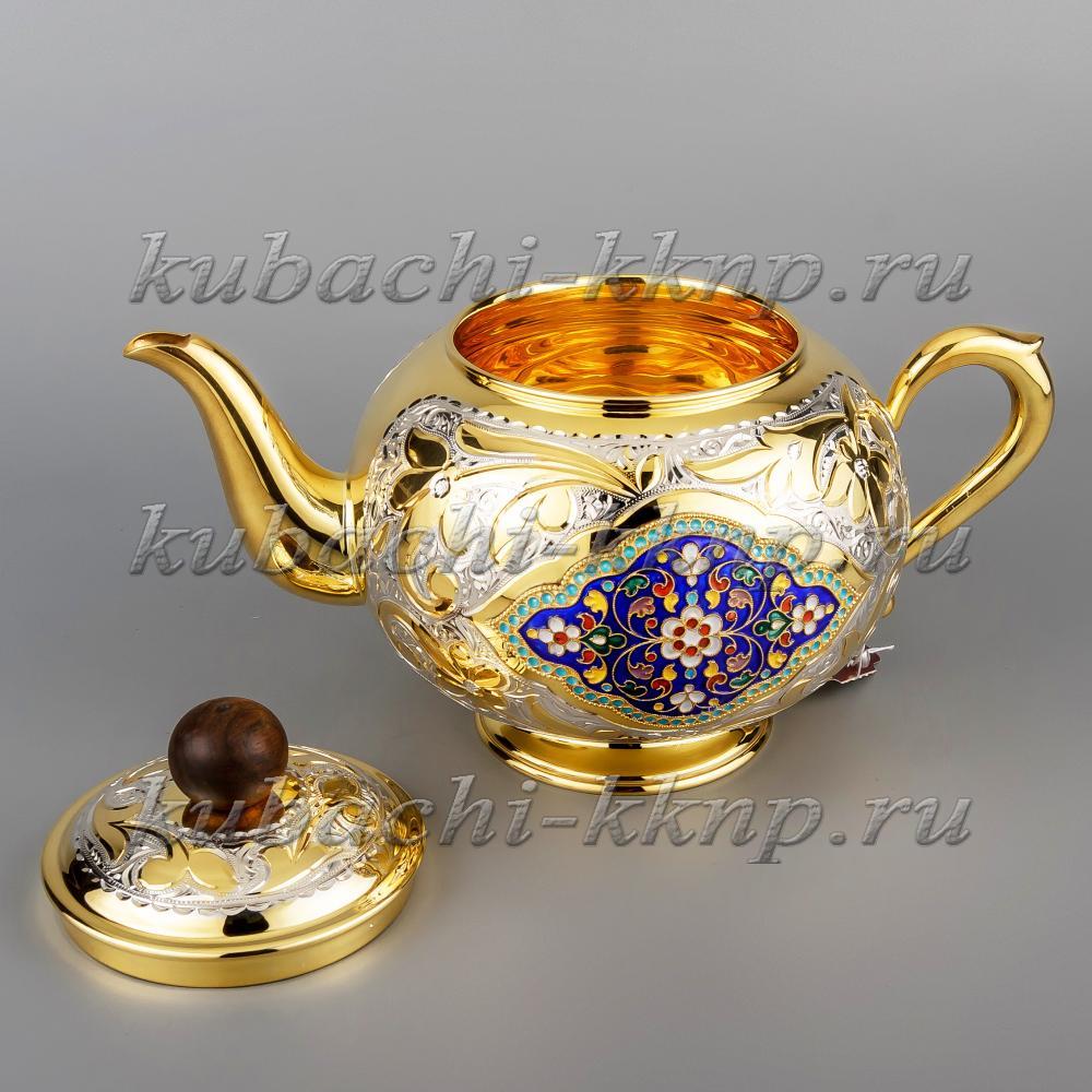 Серебряный чайник с позолотой и эмалью «Финифть», чн029 фото 2