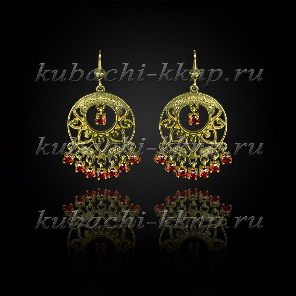 Висячие серьги кубачи с фианитами цвета гранат позолота, вс221 фото 1