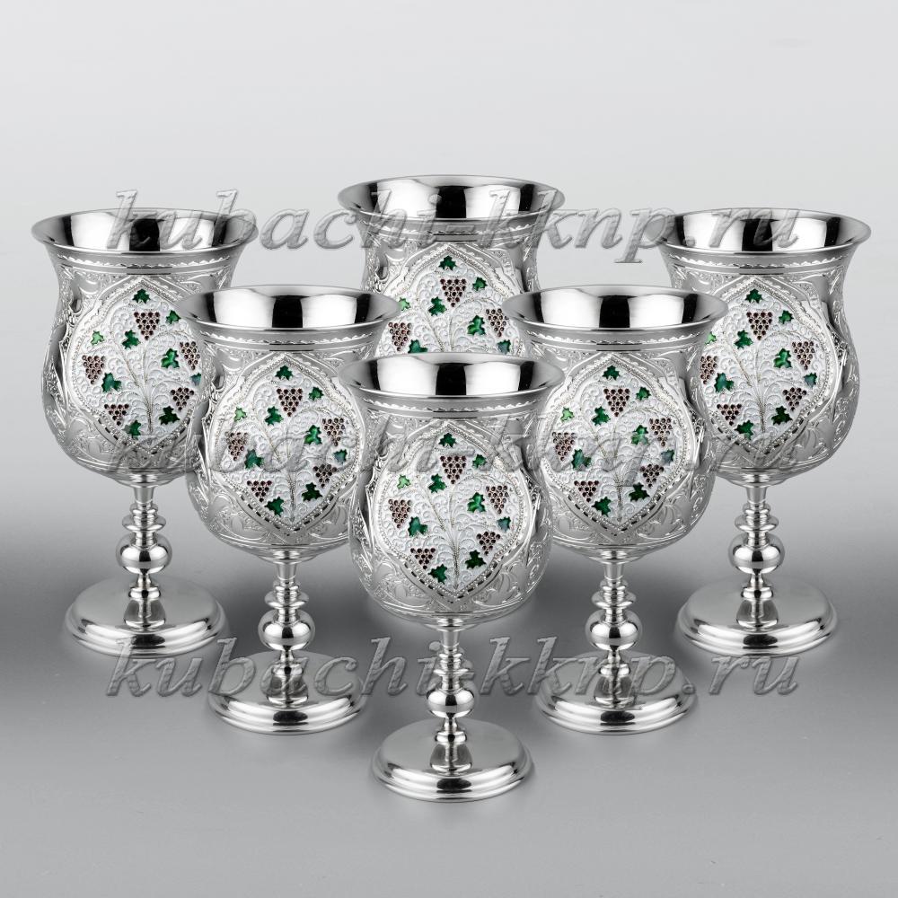 Набор из шести серебряных  фужеров для вина с эмалью, ф128-6 фото 1
