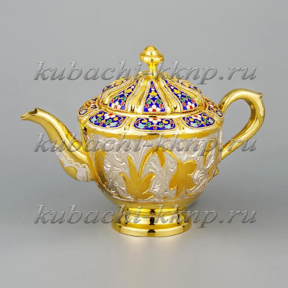 Серебряный чайник с позолотой  и эмалью, ЧН051 фото 1