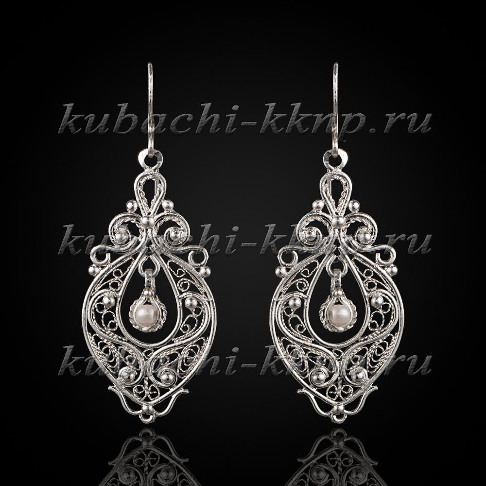 Висячие серьги с филигранью с искусст. жемчугом, вс75 фото 1