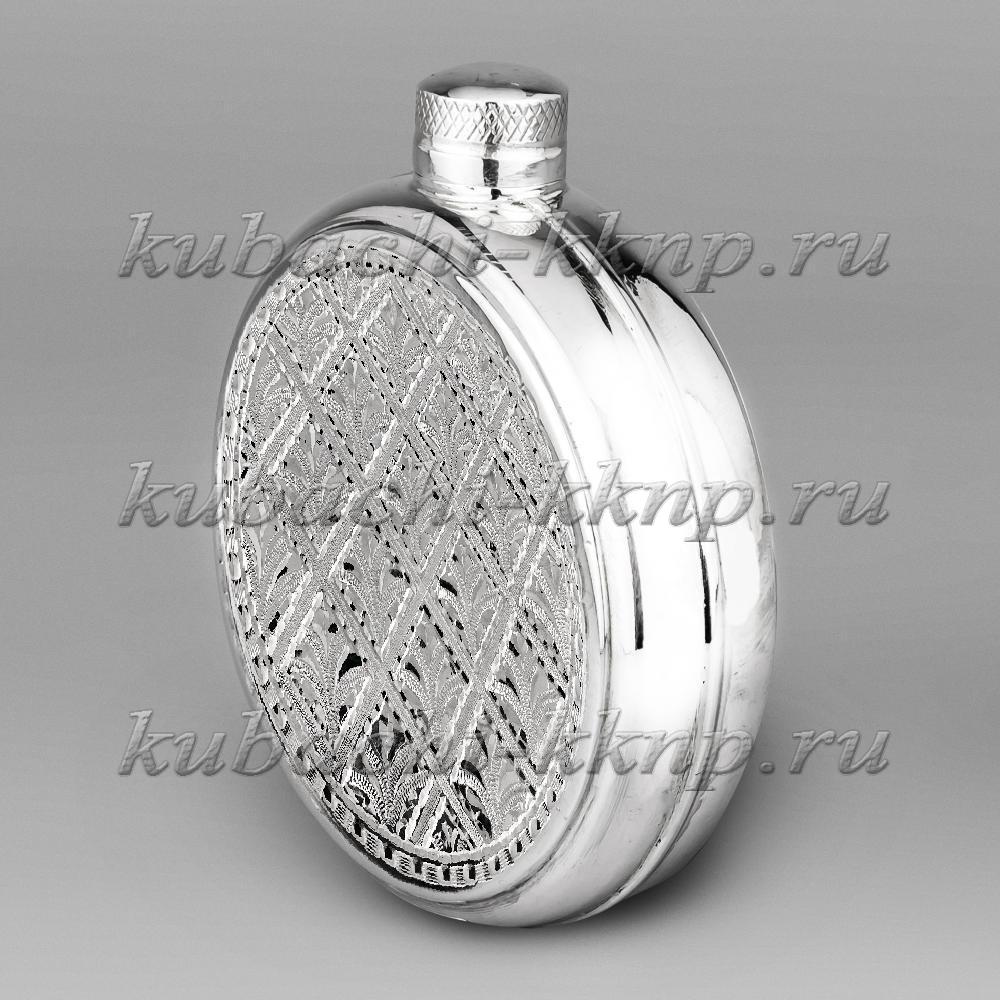 Круглая серебряная фляга с строгим рисунком, ФЛ129 фото 2