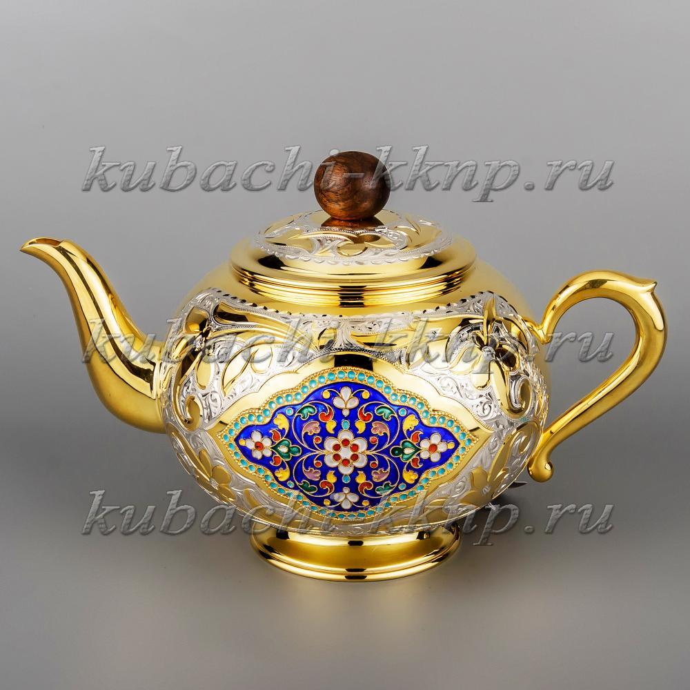 Серебряный чайник с позолотой и эмалью «Финифть», чн029 фото 1