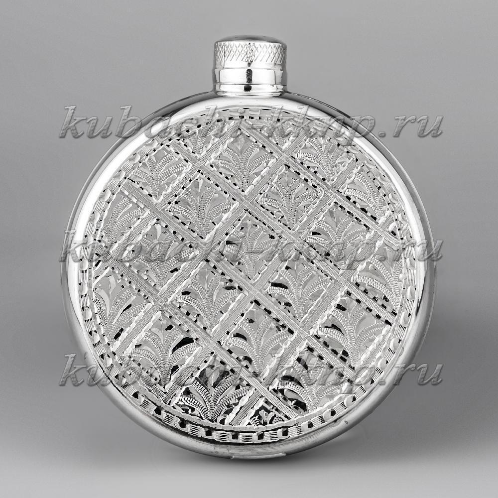 Круглая серебряная фляга с строгим рисунком, ФЛ129 фото 1