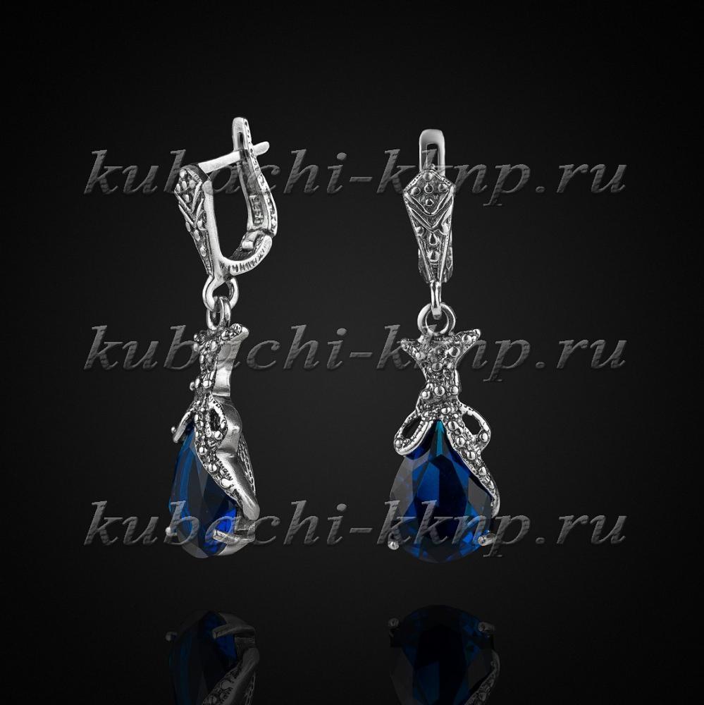 Висячие серьги с камнем под сапфир, вс264а фото 1