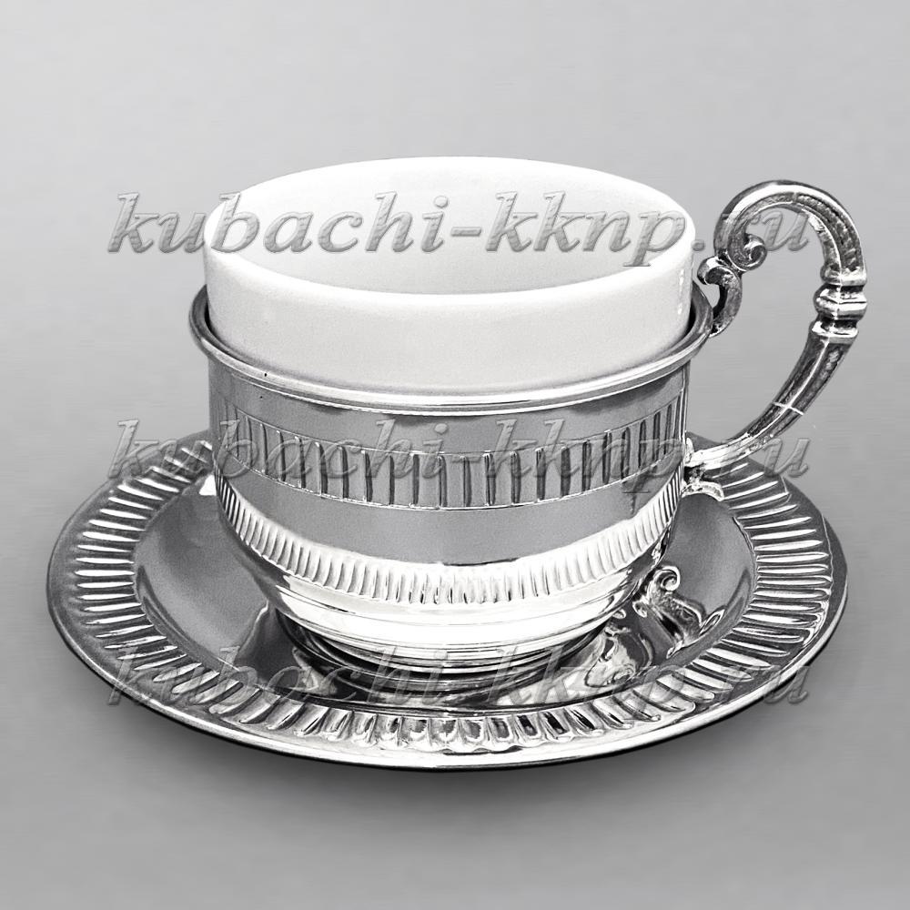 Серебряная чашка с блюдцем с фарфоровой вставкой, ЧП029 фото 1