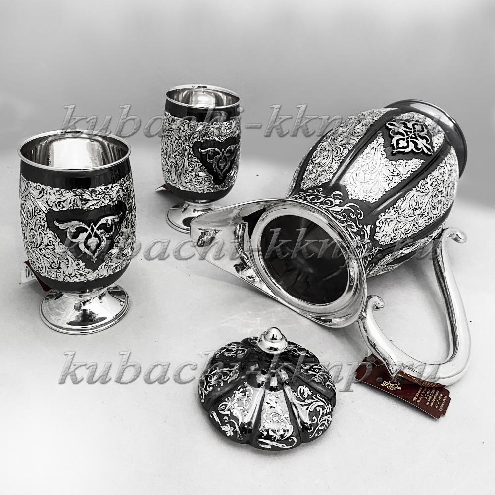 Серебряный кувшин для воды и два стакана авторской работы мастеров Кубачи, ндв058 фото 3