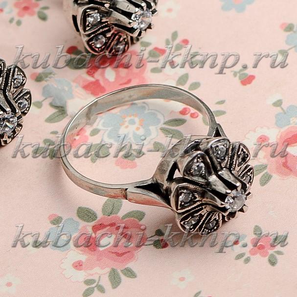 Серебряное женское кольцо с Тюльпан с россыпью фианитов, к36 фото 1
