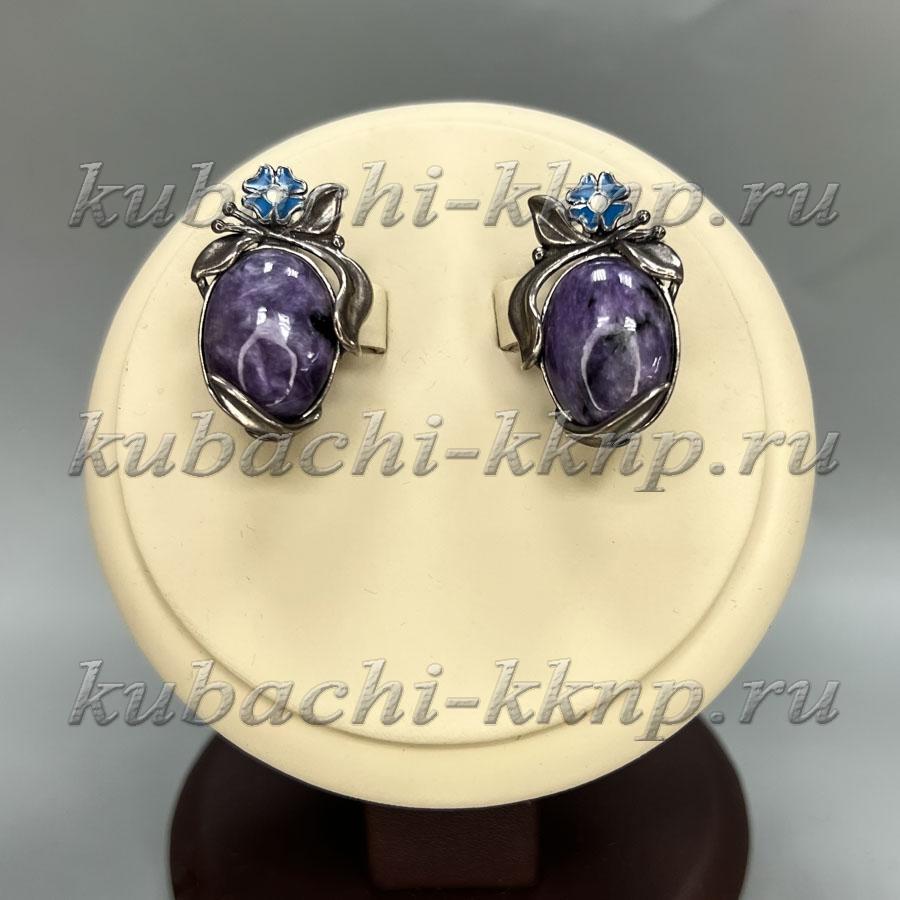 Винтажные серебряные серьги с эмалью Цветок , Ag-с-6 фото 1