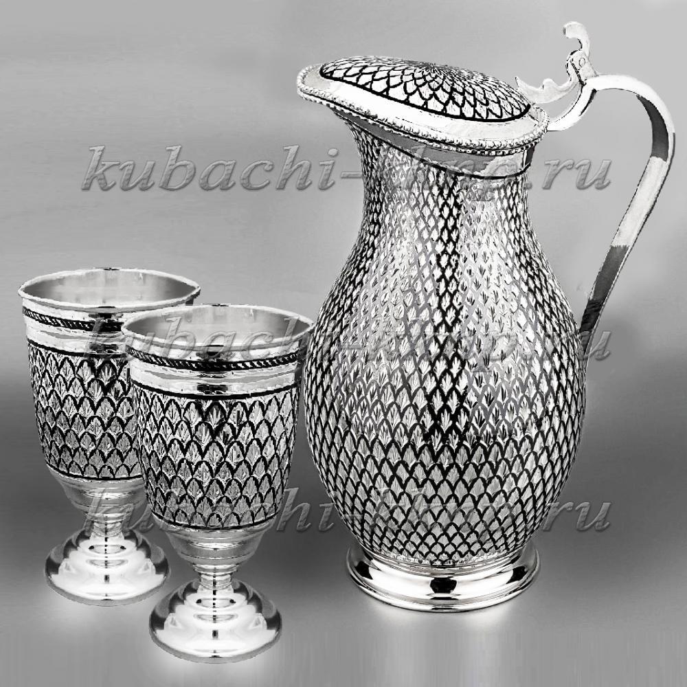 Набор из серебра - кувшин с двумя стаканами Чешуя, ндв083 фото 1