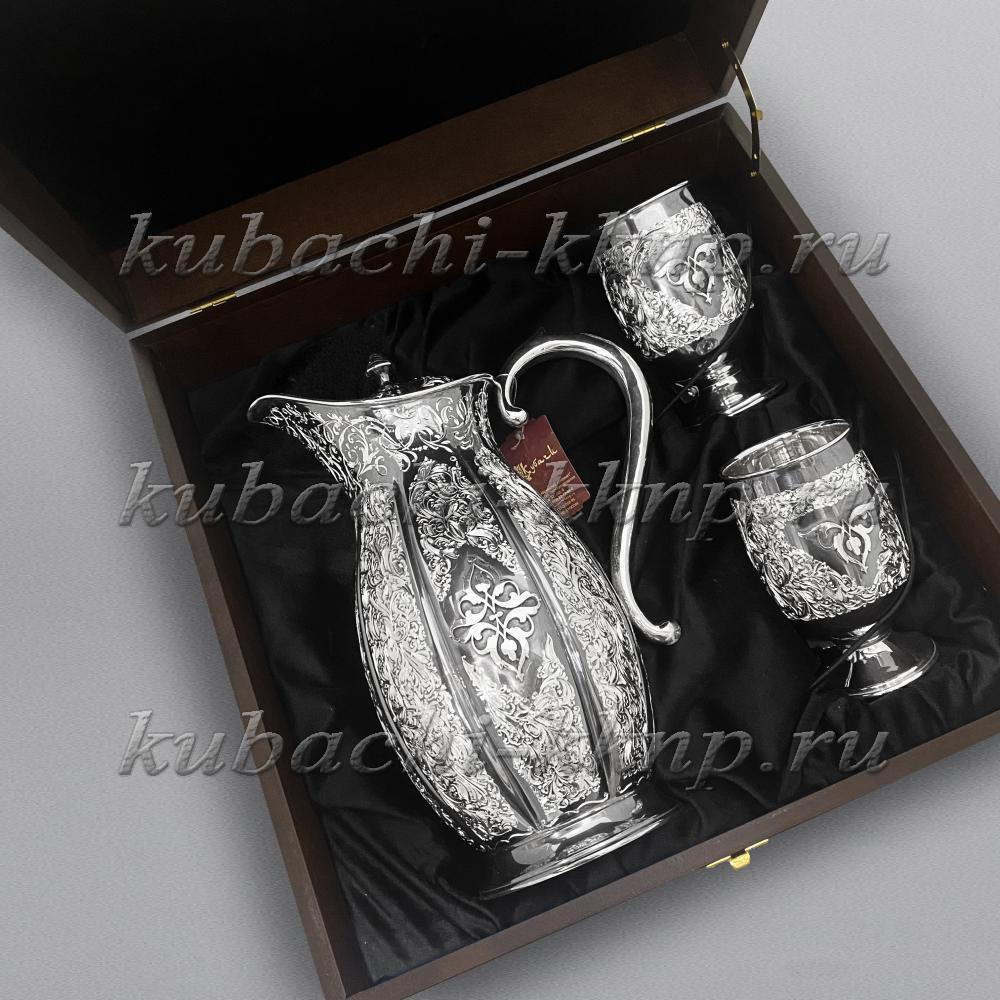 Серебряный кувшин для воды и два стакана авторской работы мастеров Кубачи, ндв058 фото 1